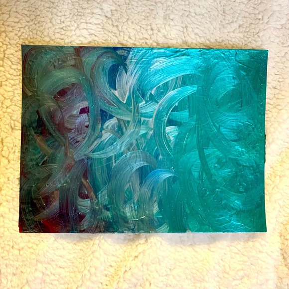 9x12 Artwork with metallic silver, wine, green and blue - Picture 1 of 6